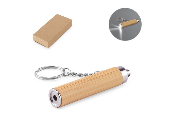 Chaveiro em bambu e ABS com lanterna LED