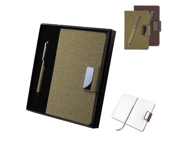Kit escritório A5 em PU e fibra de café ou chá e Caneta Metalica